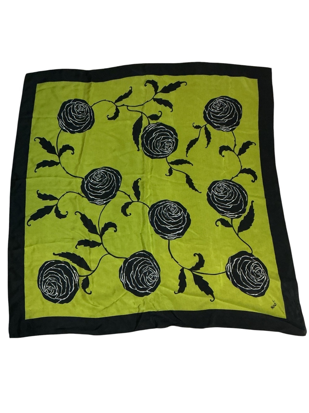 VTG MONDI Olive Green Floral Silk Scarf 34” x 34” Square